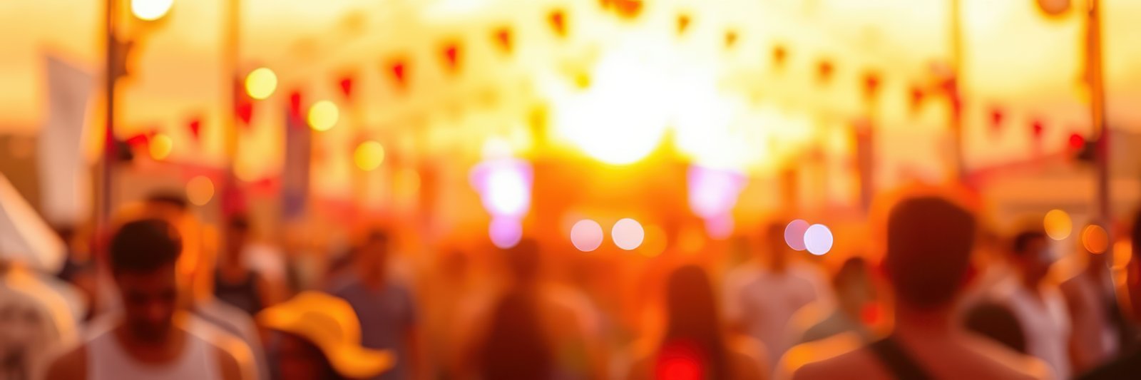 Crowd enjoying vibrant outdoor festival at sunset with colorful decorations and festive atmosphere